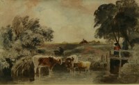 Lot 216 - Peter de Wint OWS (1784-1849)
CATTLE WATERING 
Watercolour over pencil 
15 x 25cm

Provenance:	with Marshall Spink Ltd.