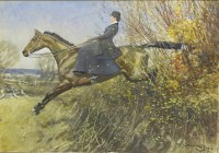 Lot 228 - Sir Alfred James Munnings PRA RWS (1878-1959)
A LADY ON A HUNTER JUMPING A HEDGE
Signed and dated 1906 l.r.