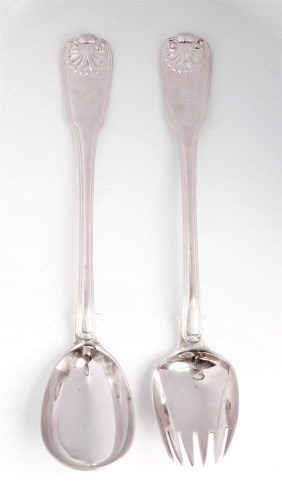 Lot 114 - A pair of George III silver fiddle thread and shell pattern salad servers