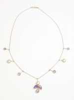 Lot 363 - An Edwardian amethyst and blister pearl gold fringe necklace