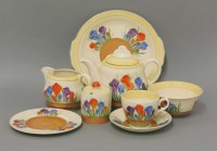 Lot 126 - A Royal Staffordshire Clarice Cliff Honey Glaze 'Spring Crocus' tea set