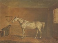 Lot 213 - R...Clark (mid 19th century)
'KITTY' - A GREY HUNTER IN A STABLE
Signed l.r. and inscribed 'Kitty by Shales. Out of Fox. This mare carried her owner