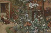 Lot 167 - Frederick Hamilton Jackson (1848-1923)
A WOMAN SEATED SEWING IN A GARDEN
Signed and dated 1886 l.l.