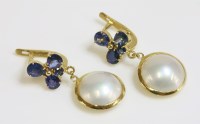 Lot 429 - A pair of 14ct gold sapphire and mabé pearl drop earrings
