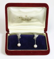 Lot 424 - A pair of cased cultured pearl and diamond drop earrings by Mikimoto
