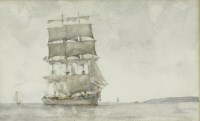 Lot 283 - Henry Scott Tuke RA RWS (1858-1929)
A THREE-MASTED WINDJAMMER UNDER SAIL OFF THE COAST
Watercolour
13 x 21cm