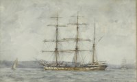 Lot 290 - Henry Scott Tuke RA RWS (1858-1929)
A WINDJAMMER LYING AT ANCHOR IN AN ESTUARY
Signed and dated 1927 l.r.