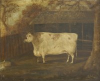 Lot 324 - John Miles of Northleach (19th century) A COW OUTSIDE A STALL Signed and dated 'Gloucestershire
