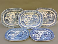 Lot 391 - Five 19th century Willow pattern meat dishes