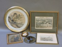 Lot 523 - A JAPANESE LANDSCAPE SCENE 
Watercolour;
Two etchings including one of Bartholomew Hospital; and
An oil of a German composer