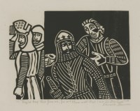 Lot 308 - Edward Bawden RA (1903-1989)
'THERE STOOD THIRTY GREAT KNIGHTS AND THEY ALL GRINNED AND GNASHED AT SIR LANCELOT';
'TRAITOR KEEP THEE FROM ME