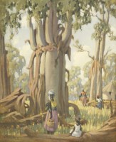 Lot 394 - John Littlejohns RBA RI (1874-1955) 
FIGURES IN A VILLAGE BENEATH BOAB TREES
Signed l.l.