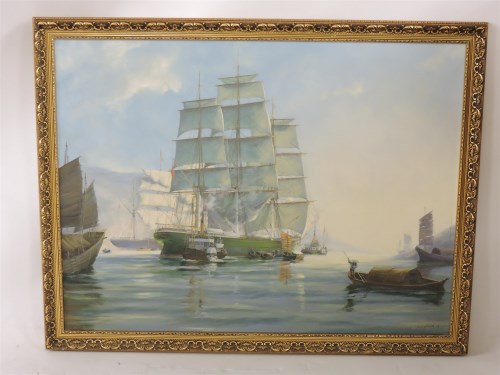Lot 545 - 20th century School
THREE MASTED SAILING SHIP IN THE EAST
Oil on canvas
