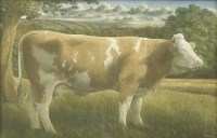 Lot 296 - James Lynch (b.1956)
A SIMMENTAL COW IN A ROLLING LANDSCAPE
Signed and dated '88 l.l.
