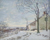 Lot 263 - Follower of Alfred Sisley
A VILLAGE IN WINTER
Oil on board
36 x 41cm

Provenance:	The Estate of Lady Barbara Calcutt.