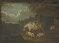 Lot 246 - Follower of George Morland
A SOW AND PIGLETS OUTSIDE A STY
Bears signature