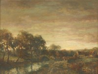 Lot 269 - John Falconer Slater (1857-1937)
A RIVER LANDSCAPE WITH A BRIDGE AND COTTAGES AT DUSK
Signed l.r.
