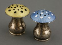 Lot 550 - Two Norwegian silver enamel pepper shakers
