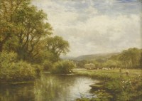 Lot 252 - Leopold Rivers (1852-1905)
FIGURES AND CATTLE ON A BANK BY THE THAMES
Signed with initials l.l.