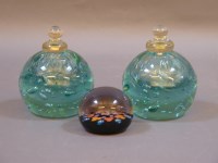 Lot 342 - A pair of Stourbridge green glass paperweights and inkwells