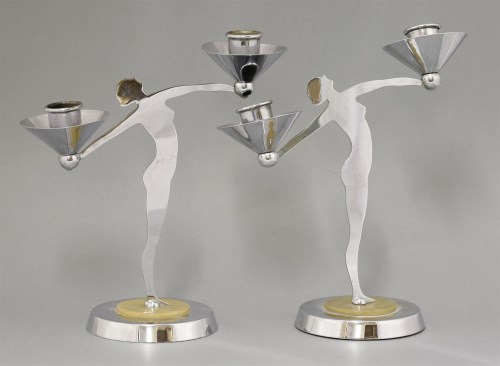 Lot 222 - A pair of Art Deco chrome twin branch candelabra