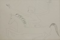 Lot 342 - Colin Self (b.1941) A FIGURE STANDING ON THE BACK OF A HORSE