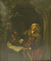 Lot 213 - After Gerrit Dou
THE VIOLIN PLAYER
Oil on metal
20 x 17cm