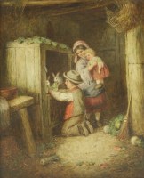 Lot 241 - Mark W Langlois (1848-1924)
CHILDREN FEEDING THEIR PET RABBITS
A pair