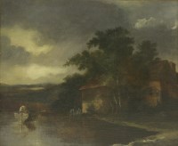 Lot 254 - Follower of John Crome
A WOODED LANDSCAPE WITH A FIGURE IN A BOAT BY A COTTAGE
Oil on canvas
44.5 x 52.5cm