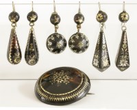 Lot 328 - A pair of Victorian piqué work drop earrings