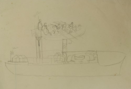 Lot 16 - Eric Ravilious (1903-1942)
ROWING BOAT AND SHIP IN PROFILE
Pencil
14 x 26cm

Exhibited: The Fine Art Society