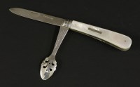 Lot 50 - An early 20th century silver and mother-of-pearl handled folding twin fruit knife and patent orange peeler