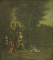 Lot 385 - Manner of Jean-Baptiste Pater
AN ELEGANT PARTY IN A WOODLAND CLEARING
Oil on canvas
22 x 19cm