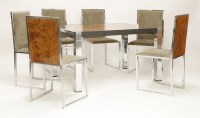 Lot 489 - A chrome and burr walnut dining suite