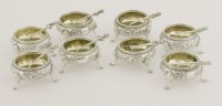 Lot 485 - Eight Victorian silver cauldron salts and salt spoons