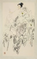 Lot 326 - Wang Mingming (b.1952) 
a painting of a lady watching lotus next to a pond