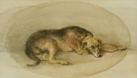Lot 204 - Follower of Sir Edwin Landseer
A WOLFHOUND LYING DOWN
Watercolour
9.5 x 16cm