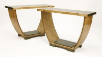 Lot 106 - A pair of Art Deco burr maple and satinwood stained console tables