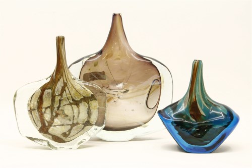 Lot 162 - Two Mdina style fish vases of compressed shouldered ovoid form and drawn slender necks