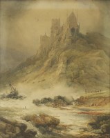 Lot 696 - Frederick William Booty (1840-1924)
FIGURES ON THE ROCKS BY A COASTAL CHURCH
Signed and dated 1970 l.r.
