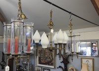 Lot 706 - A pair of three light brass hall lanterns