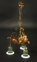 Lot 86 - A W A S Benson brass three-branch ceiling light