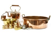 Lot 605 - Copper and brassware including a two handled preserving pan