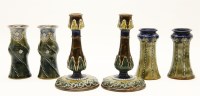 Lot 406 - A pair of Doulton Lambeth candlesticks