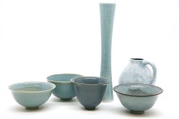Lot 250 - A collection of Studio pottery and a pair of modern Chinese blue and white moon flasks