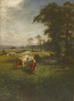 Lot 834 - Joseph Farquharson RA (1846-1935)
A RIVER LANDSCAPE WITH CATTLE GRAZING
Signed l.r.