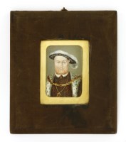 Lot 706 - 19th century follower of Hans Holbein
PORTRAIT OF HENRY VIII
Miniature on ivory
11 x 7cm