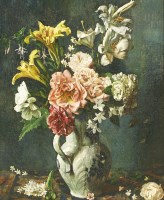 Lot 1069 - Malcolm Milne (1887-1954)
STILL LIFE OF FLOWERS IN A BLUE AND WHITE JUG 
Signed and dated '46 l.r.