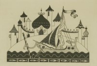 Lot 1102 - Merlyn Mann (20th century) 
'WHEN THE DARK COMES DOWN'
Pen and ink 
13 x 18cm 

Illustration from 'Canadian Voices