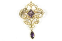 Lot 10 - An Edwardian gold amethyst and split pearl brooch